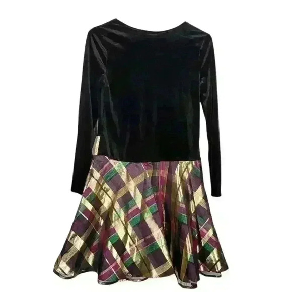 BONNIE JEAN Girls Black Gold Bow Plaid Velvet Holiday Party Dress Sz … - Picture 2 of 9